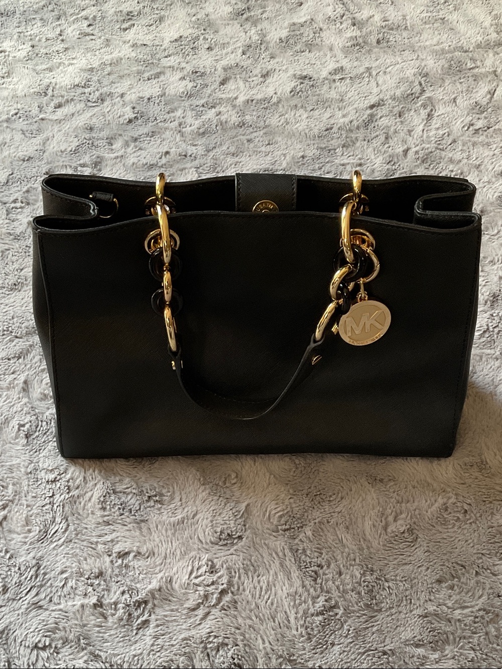Michael Kors Black Leather Shoulder Tote with Gold Chain Trim